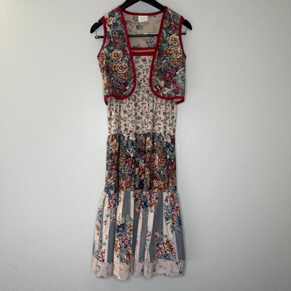 Vintage 70s Two Piece Cottage Floral Prairie Vest Dress Set | Size XXS/XS - Picture 3 of 16